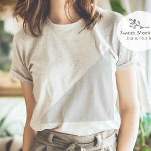 T-shirt mockup of a person in a cozy living room with a flat, plain shirt – perfect for POD product display