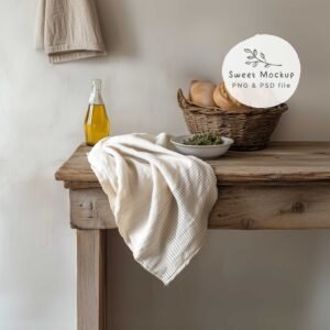 Tea towel mockup in a rustic kitchen with wooden details, available as PNG and PSD