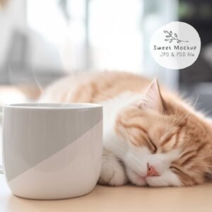 White mug mockup with a cat sleeping beside it in a cozy setting, perfect for showcasing mug designs