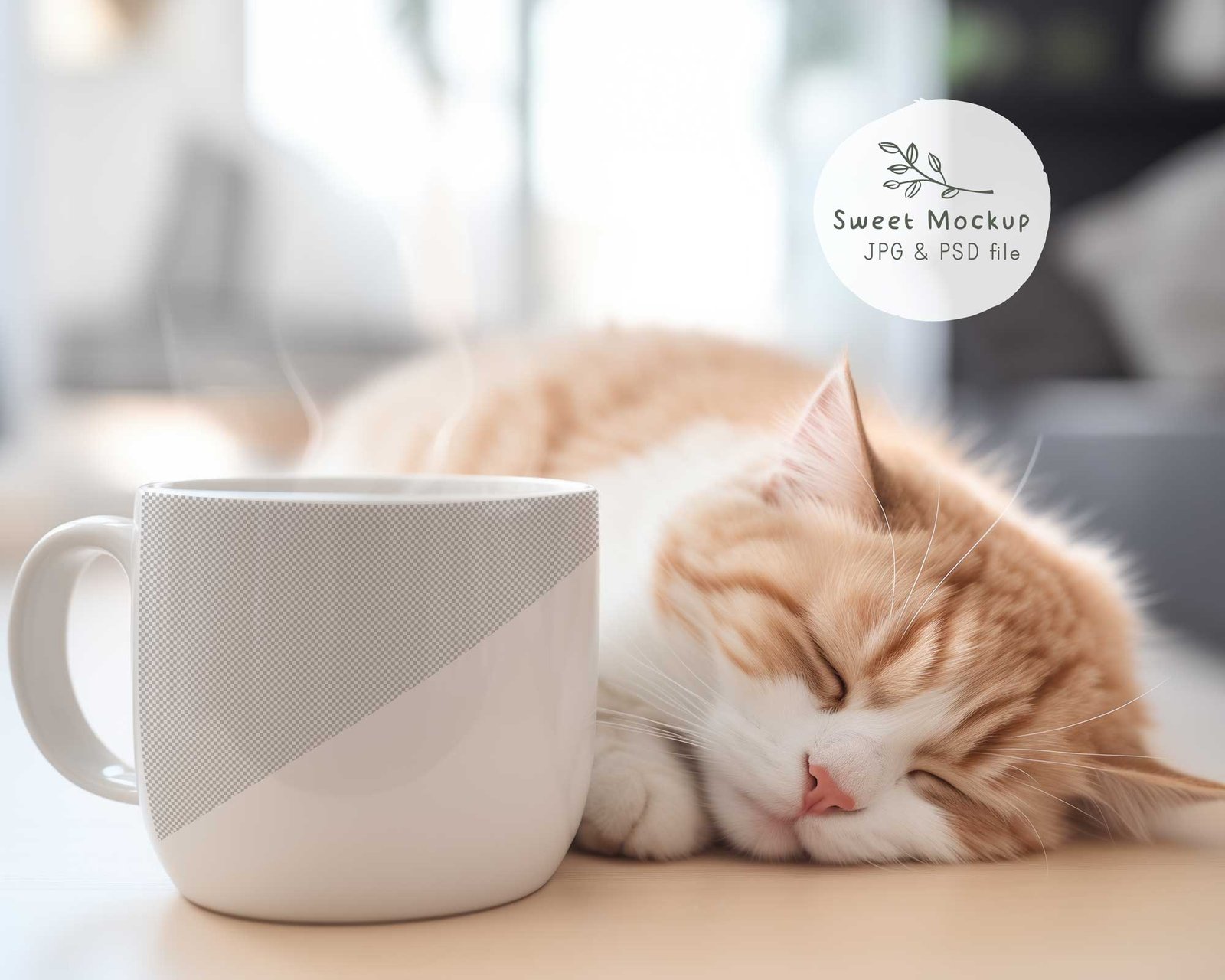 White mug mockup with a cat sleeping beside it in a cozy setting, perfect for showcasing mug designs