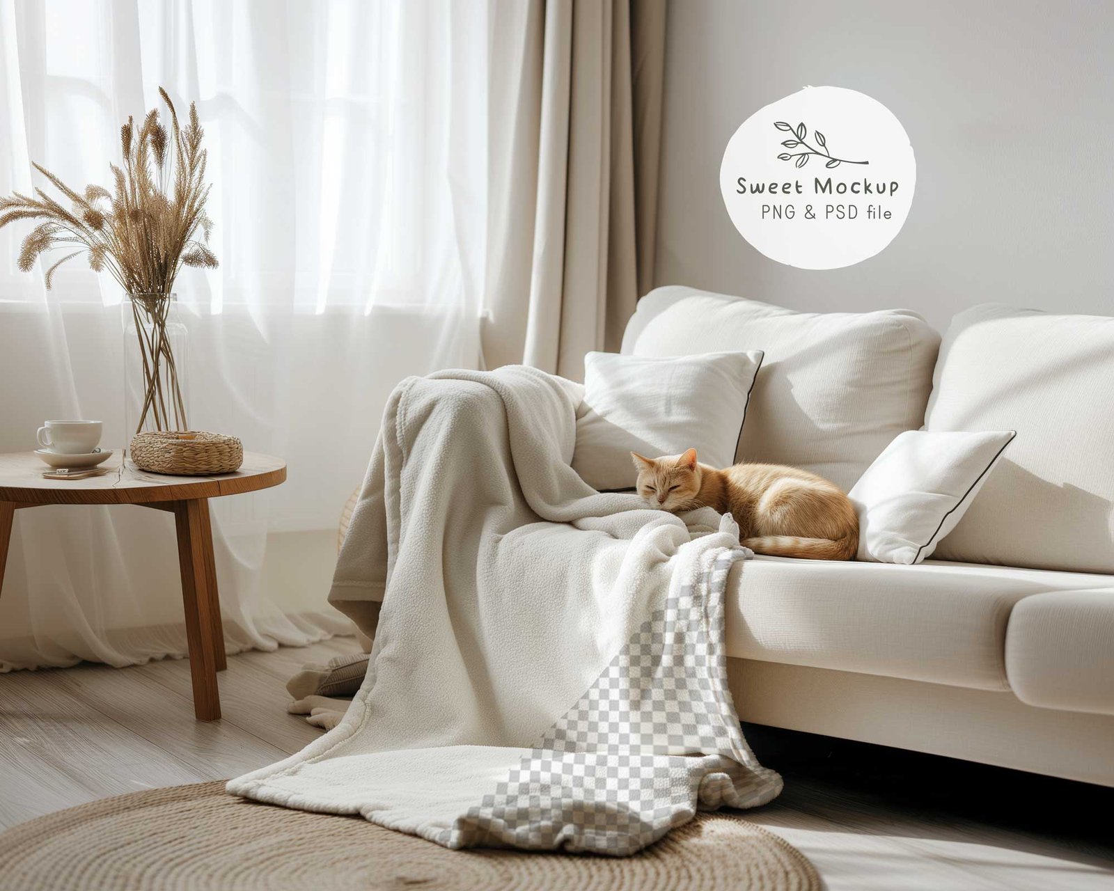 Cozy blanket mockup with a cat sleeping beside it on a sofa in a realistic living room scene