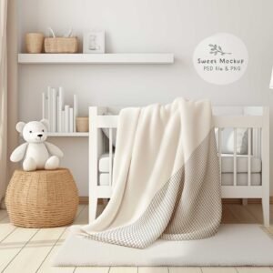 Realistic baby blanket mockup displayed in a cozy nursery room for sublimation and product preview use
