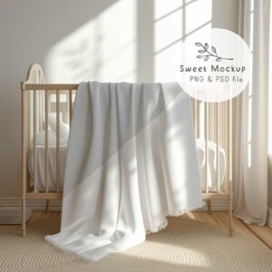 Blanket mockup over crib with natural light shining through a window in a nursery
