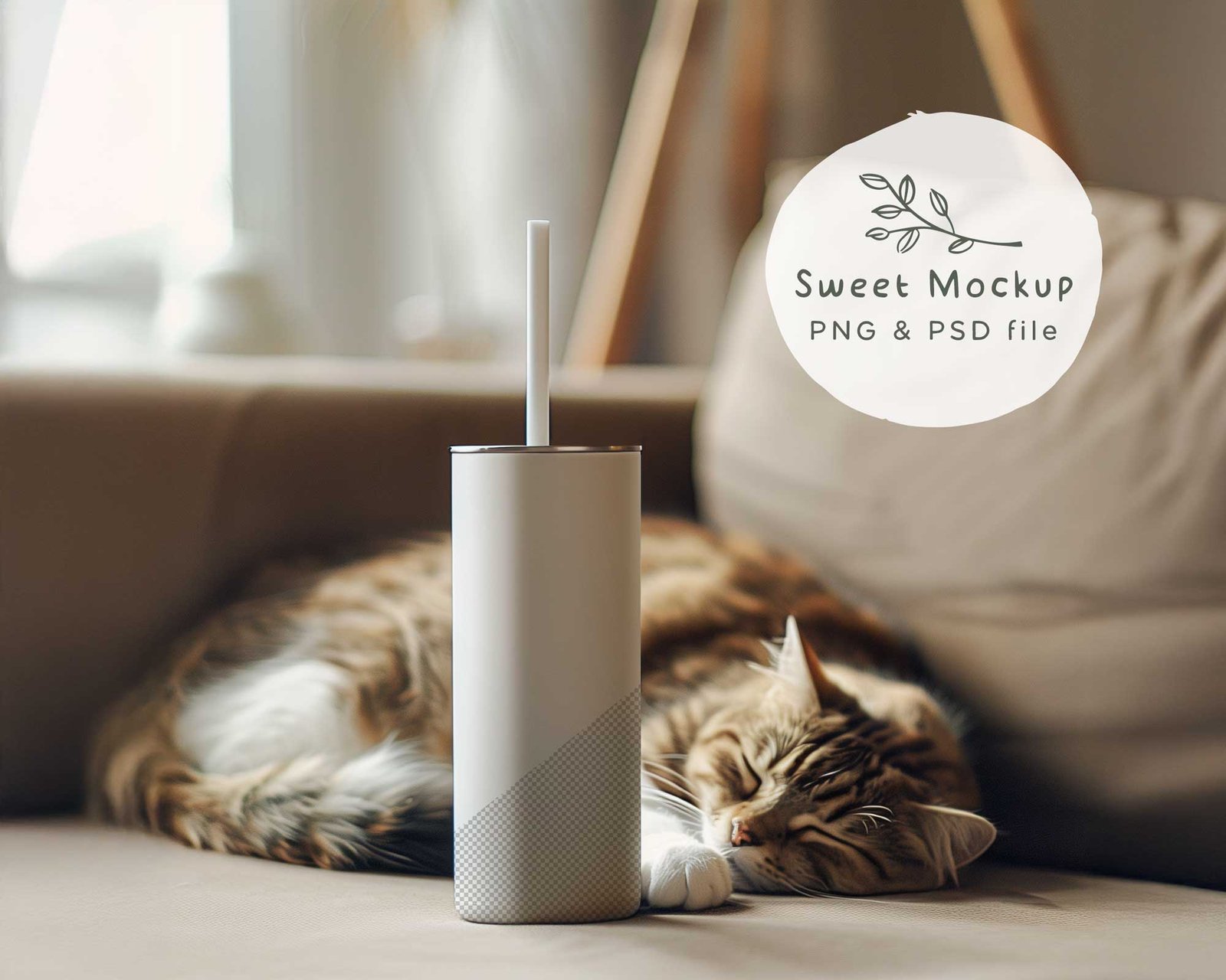 Realistic tumbler mockup with cat sleeping beside it, cozy scene for sublimation designs and print-on-demand previews