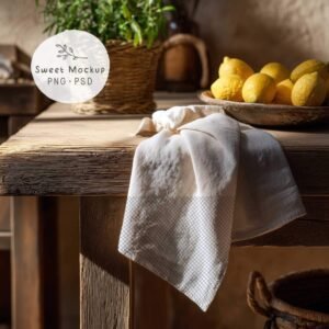 Tea Towel Mockup in Rustic Kitchen with lemons🍋 – PNG & PSD