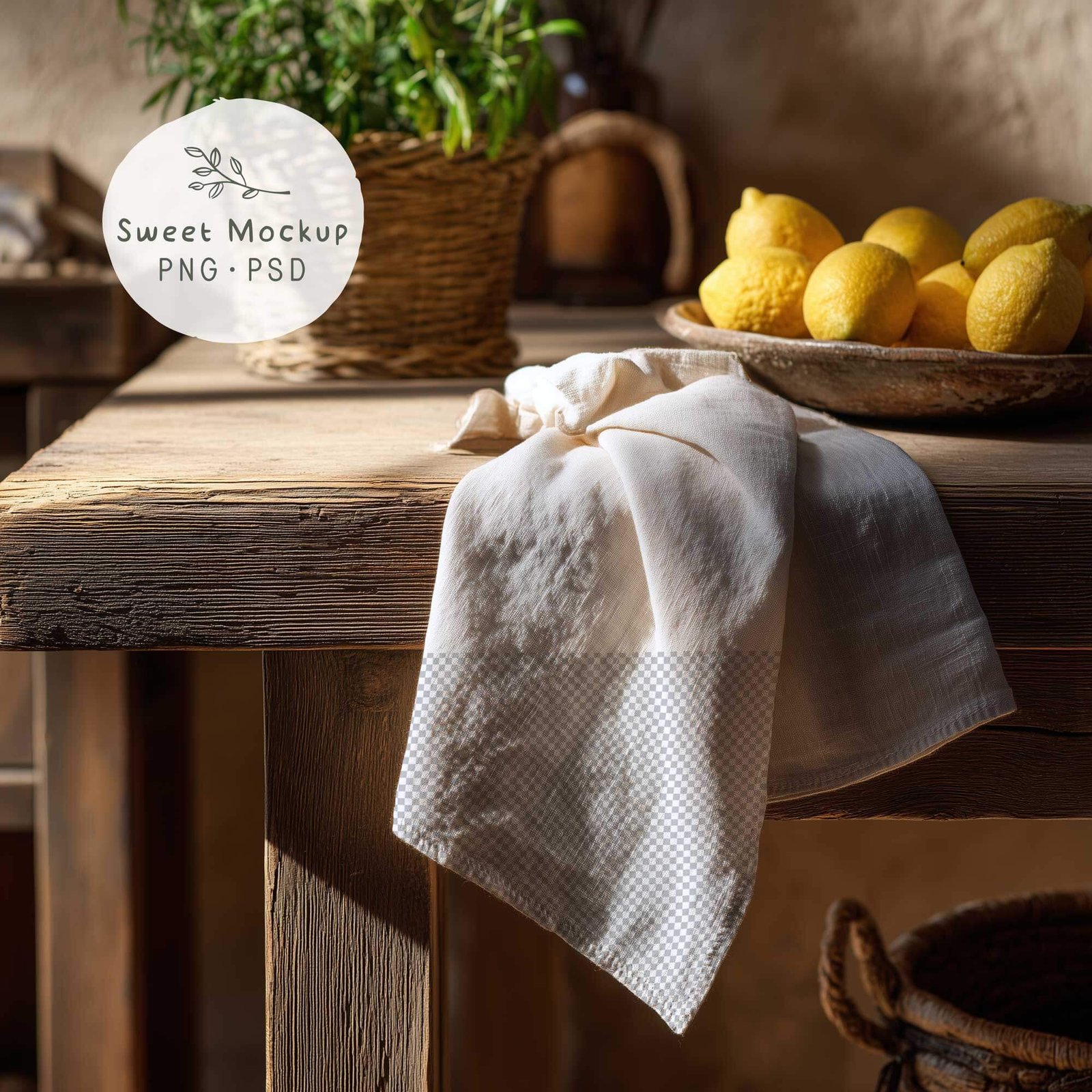 Tea Towel Mockup in Rustic Kitchen with lemonsπ β PNG & PSD