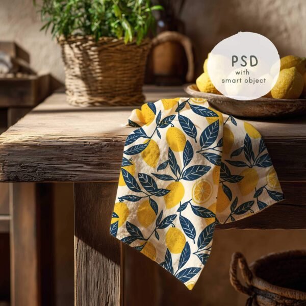 Tea Towel Mockup in Rustic Kitchen with lemons🍋 – PNG & PSD - Image 2